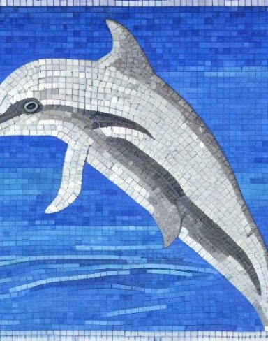 A mosaic of a dolphin swimming in the marine ocean inspired by Charles Ginner