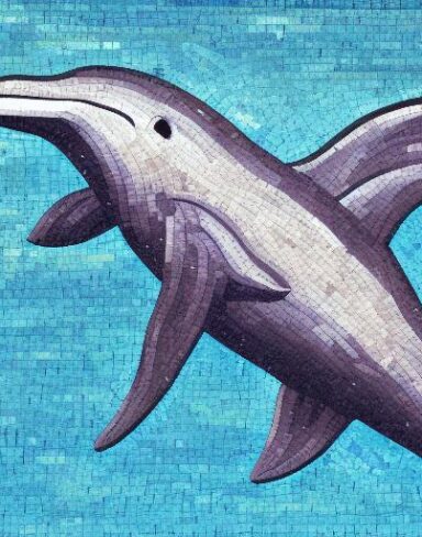 A mosaic of a dolphin swimming in the marine ocean inspired by Charles Ginner