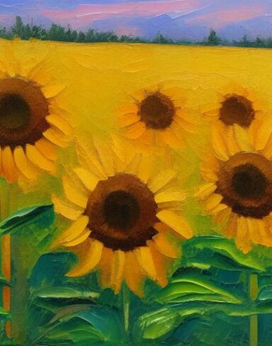 A oil painting of sunflowers in the field