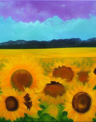 A oil painting of sunflowers in the field