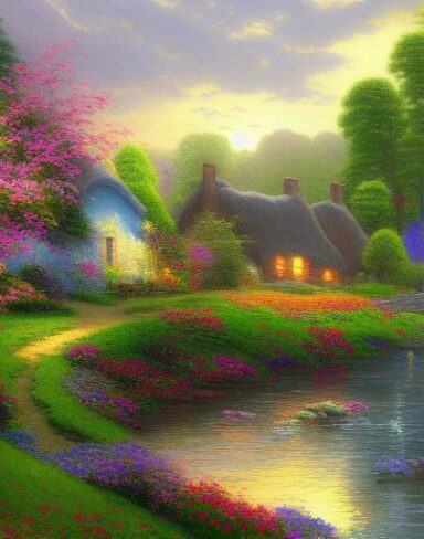 A painting of a cottage by a river with vivid flowers