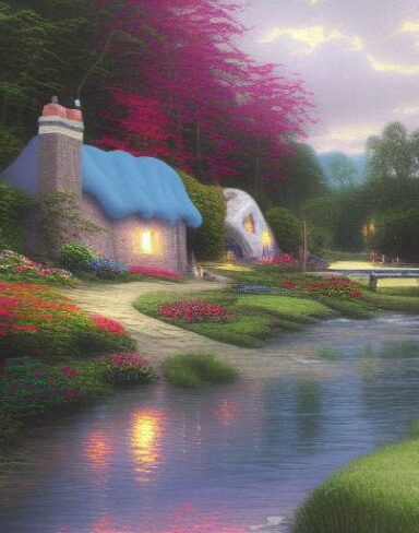 A painting of a cottage by a river with vivid flowers