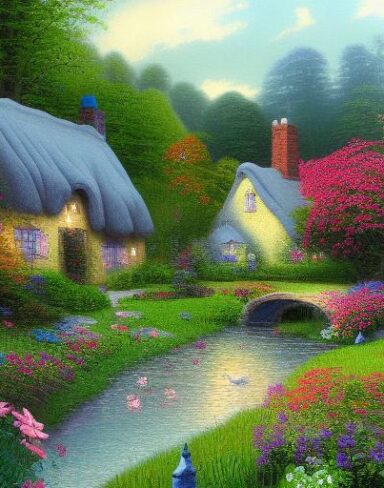 A painting of a cottage by a river with vivid flowers