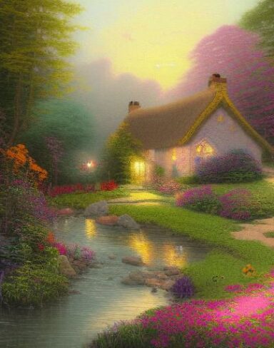 A painting of a cottage by a river with vivid flowers