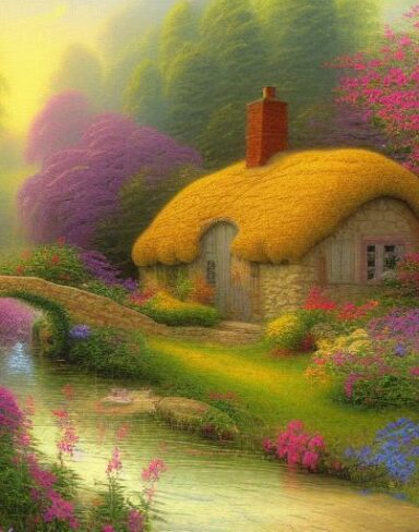 A painting of a cottage near a river with many flowers