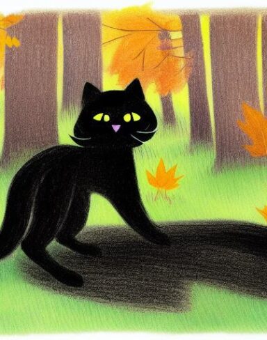 A painting of a giant black cat running in the autumn forest in rainy day