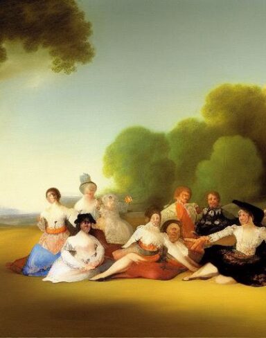 A painting of a group of couples having fun on the green land by Francisco de Holanda