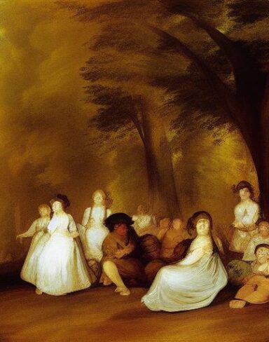 A painting of a group of human in the forest