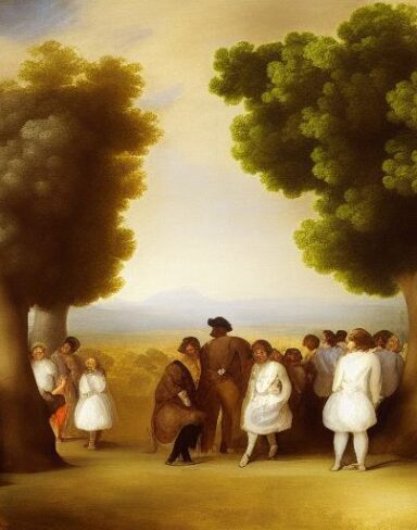 A painting of a group of people in a field with trees by Francisco de Holanda