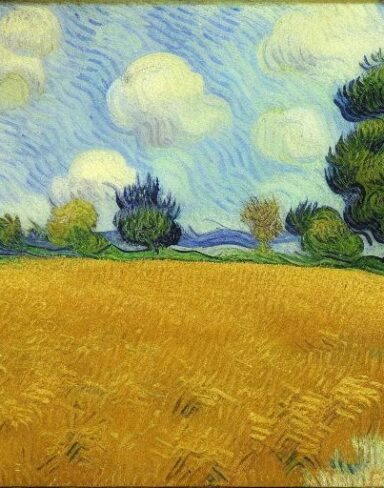 A painting of a wheat field with trees