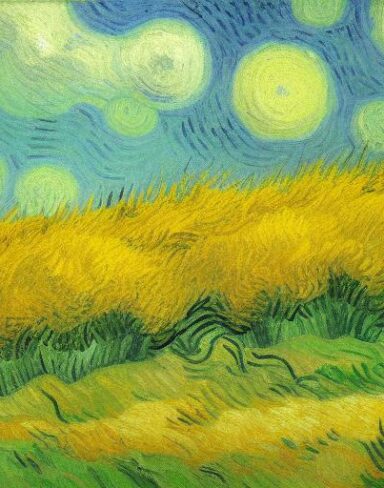 A painting of a wheatfield with cypress trees