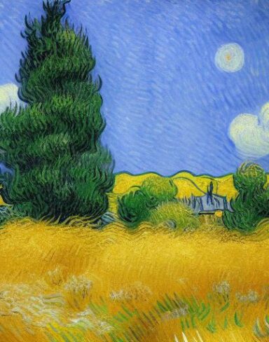 A painting of a wheatfield with cypress trees