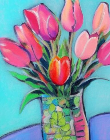 A painting of few pink flowers in a vase