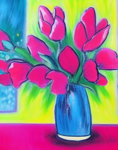 A painting of few pink flowers in a vase