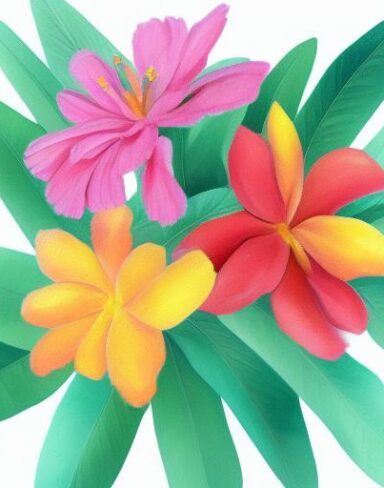 A painting of five flowers on a white background