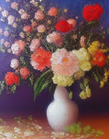 A painting of flowers in the vase