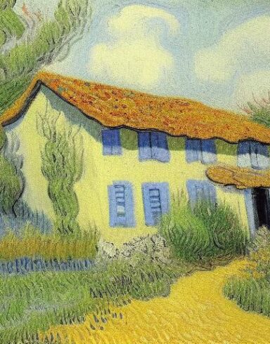 A painting of one house in a garden