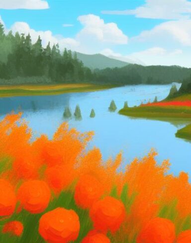 A painting of orange flowers near a lake