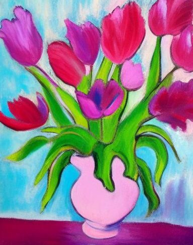 A painting of pink flowers in a vase