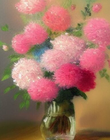 A painting of pink flowers in a vase