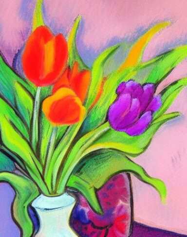 A painting of some pink flowers in a vase