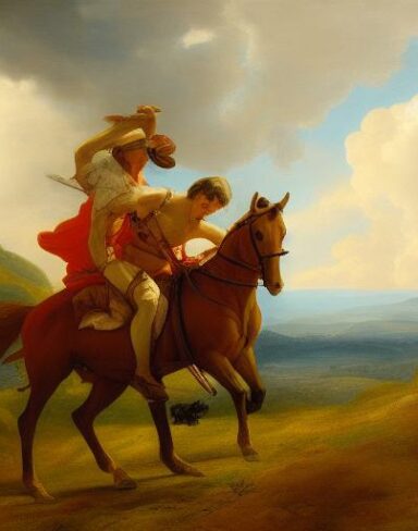 A painting of two man riding on two horse on the hill