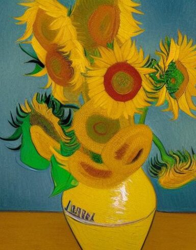 A painting of yellow sunflowers