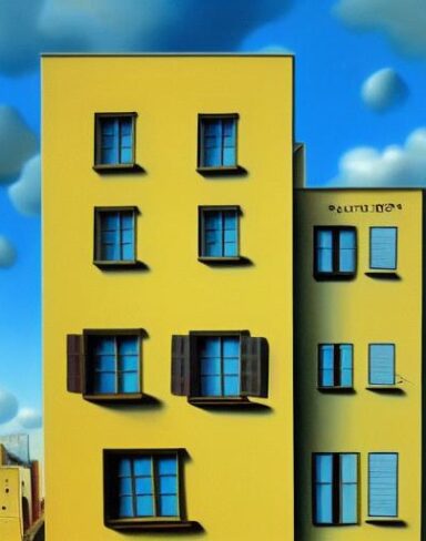 A painting on the side of a building and a blue sky