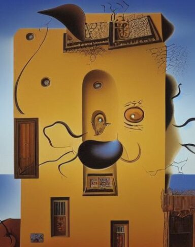 A painting on the side of a building in the sky