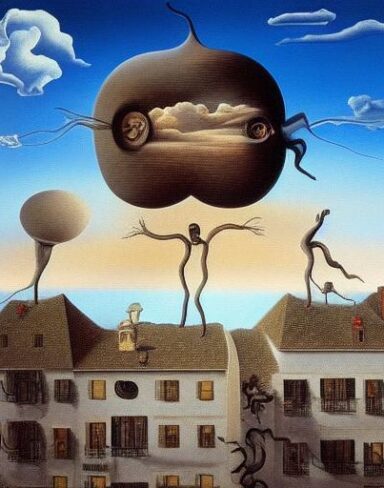 A painting on the side of a building in the sky