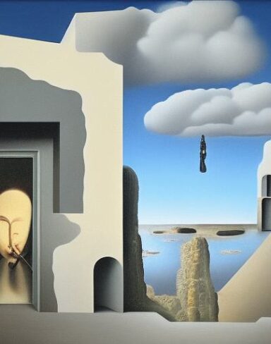 A painting on the side of a building with doors in the sky