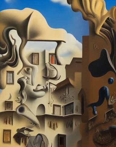 A painting on the side of a building with sculptures and sky