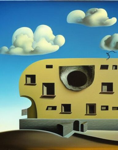 A painting on the side of a building with sculptures and sky