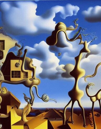 A painting on the side of a building with sculptures and sky