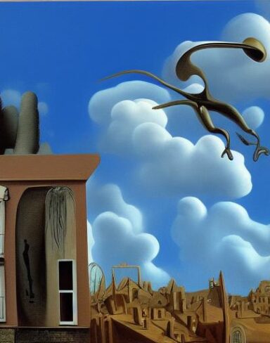 A painting on the side of a building with sculptures and sky