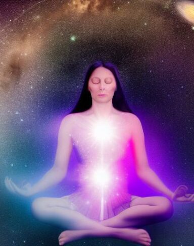 A panoramic shot painting of a woman sitting on a rock in space