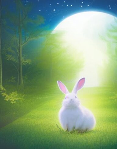 A peaceful white rabbit sitting in the middle of a forest at night alone