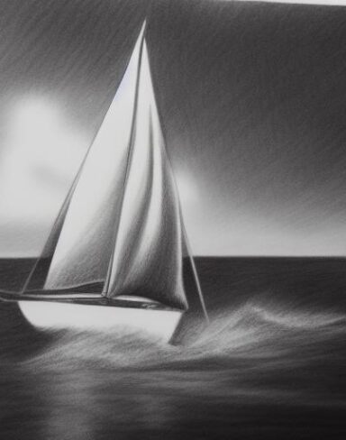 A pencil drawing of a sailboat in the water
