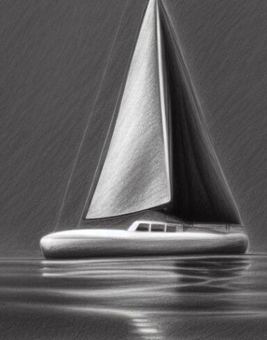 A pencil drawing of a sailboat in the water