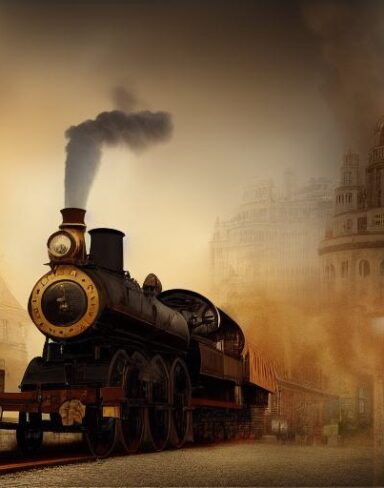 A steam engine train traveling through a city