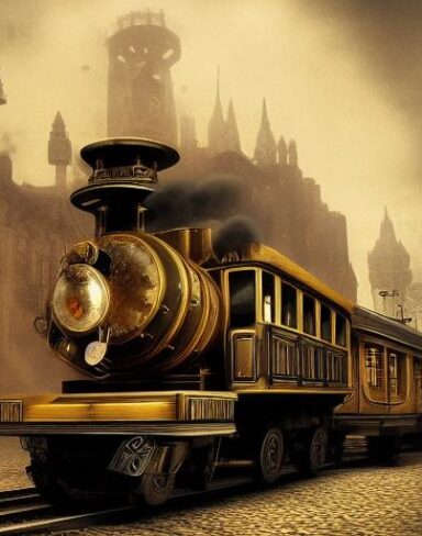 A steampunk train traveling through a town