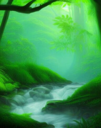 A stream with lush green forest