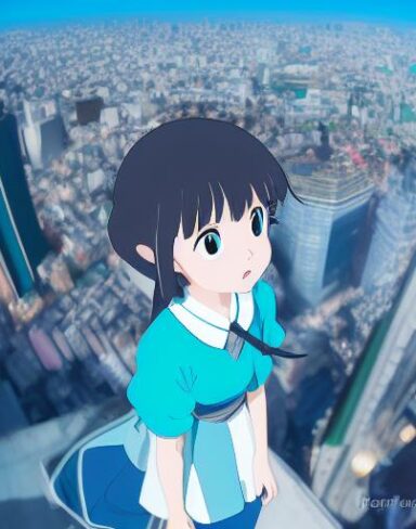 A stunning aerial view anime portrait from Studio Ghibli captures a school girl in a teal uniform standing on top of a massive-scale building
