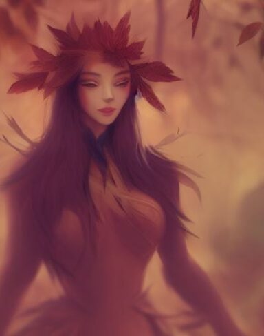 A woman standing in the forest with leaves