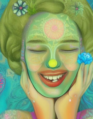 A woman with a laughing flower in her hand is depicted in a psychedelic art style. The painting has a highly detailed