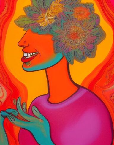 A woman with a laughing flower in her hand is depicted in a psychedelic art style. The painting has an ultra wide-angle perspective
