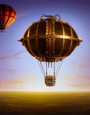 Bold. detail steampunk art of a mechanical airship flying in the sunset