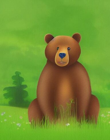 Brown bear sitting on the lush green field