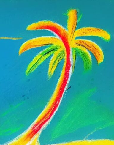 Color painting of a palm tree on a beach