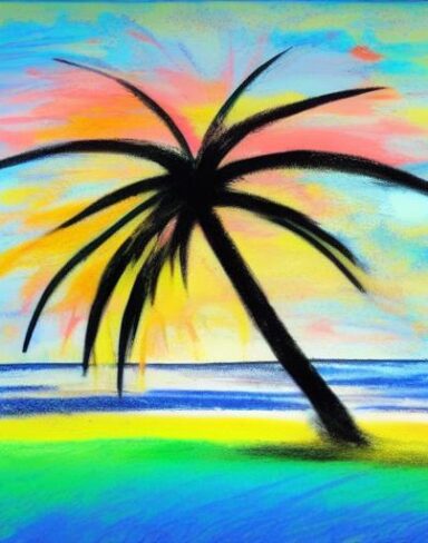 Color painting of a palm tree on a beach